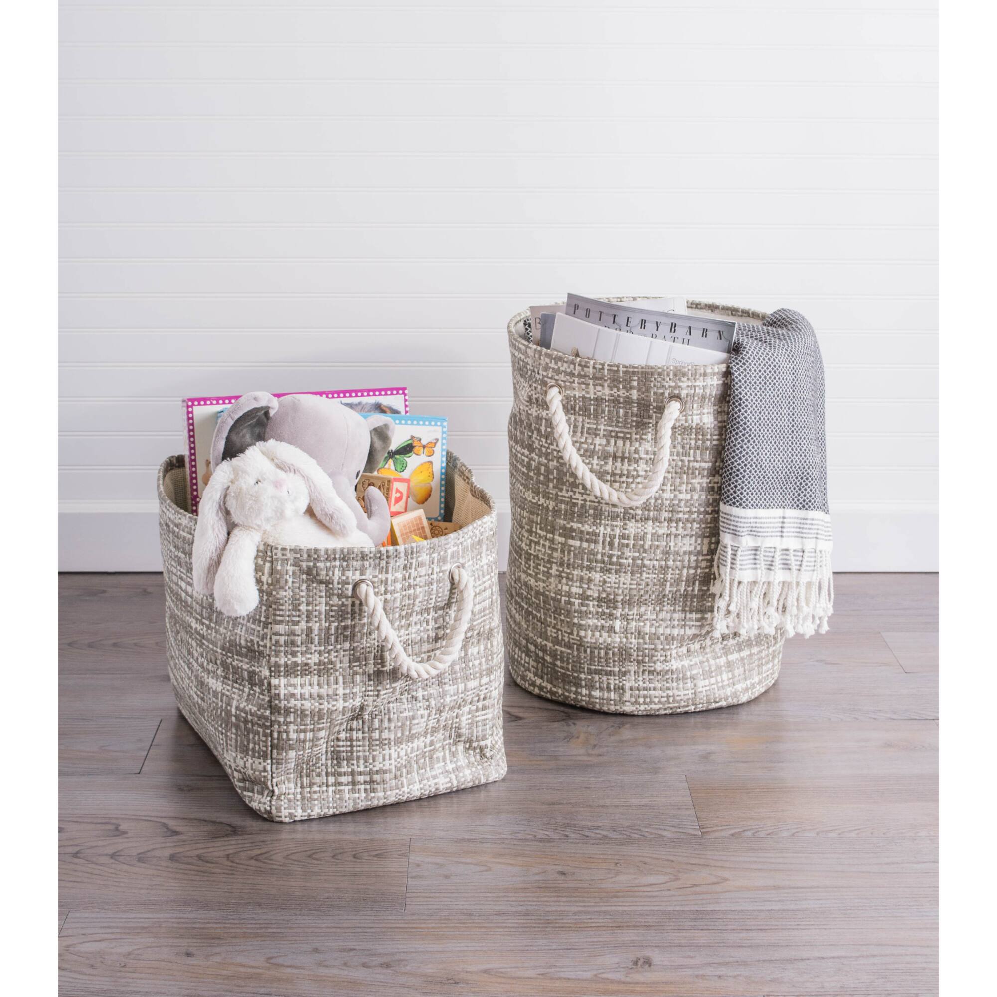 DII® Large Stone Tweed Round Woven Paper Storage Basket
